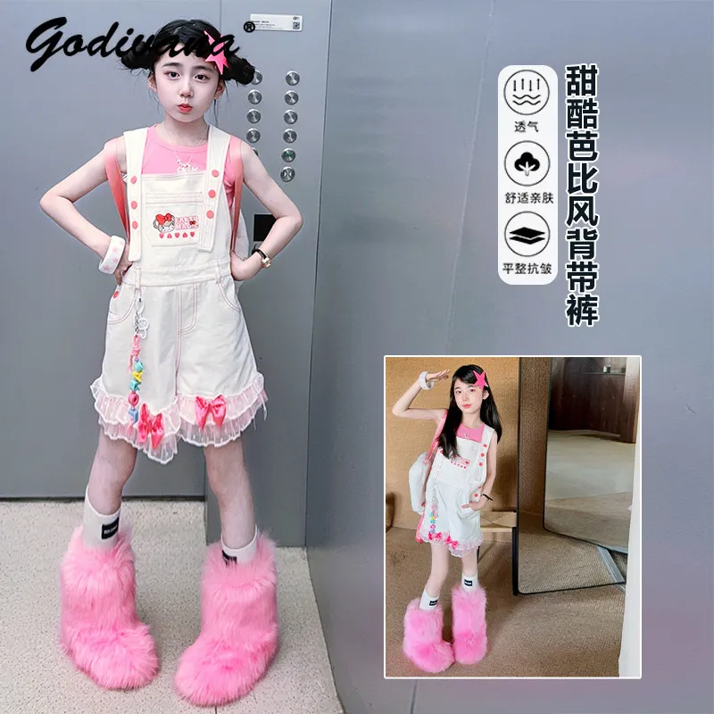 Teens Girls Dopamine Summer New Sweet Outfit Y2k Overalls Sleeveless Vest Top Set Kids Millennial Style Bowknot Lace Trim Shorts