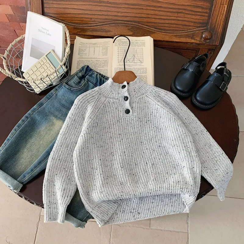 Kids' Sweater Bangcheng2024Autumn New Neckline Slit Knit Sweater Lazy and Loose Soft Glutinous TopMY0057