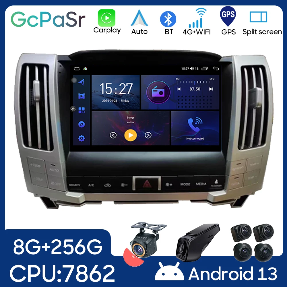 Radio con GPS para coche, reproductor con Android, Carplay, estéreo, BT, pantalla QLED, No 2DIN, DVD, para Lexus RX300, RX330, RX400, 2004 - 2008