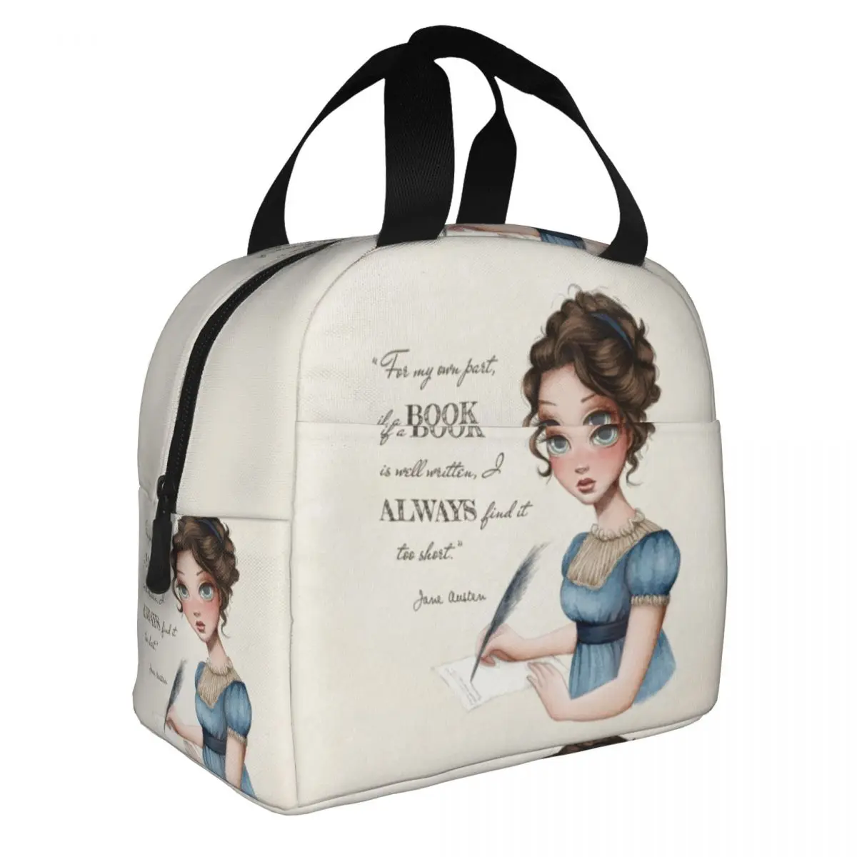 Jane Austen Writing Book Thermal Insulated Lunch Bags Women Writer Novel Portable Lunch Box for Kids School Children Food Tote