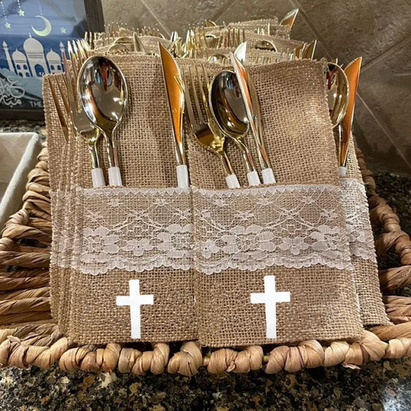 5pcs Cutlery bags Baptism Christening rustic country wedding First 1st Communion dinner birthday baby shower table decoration