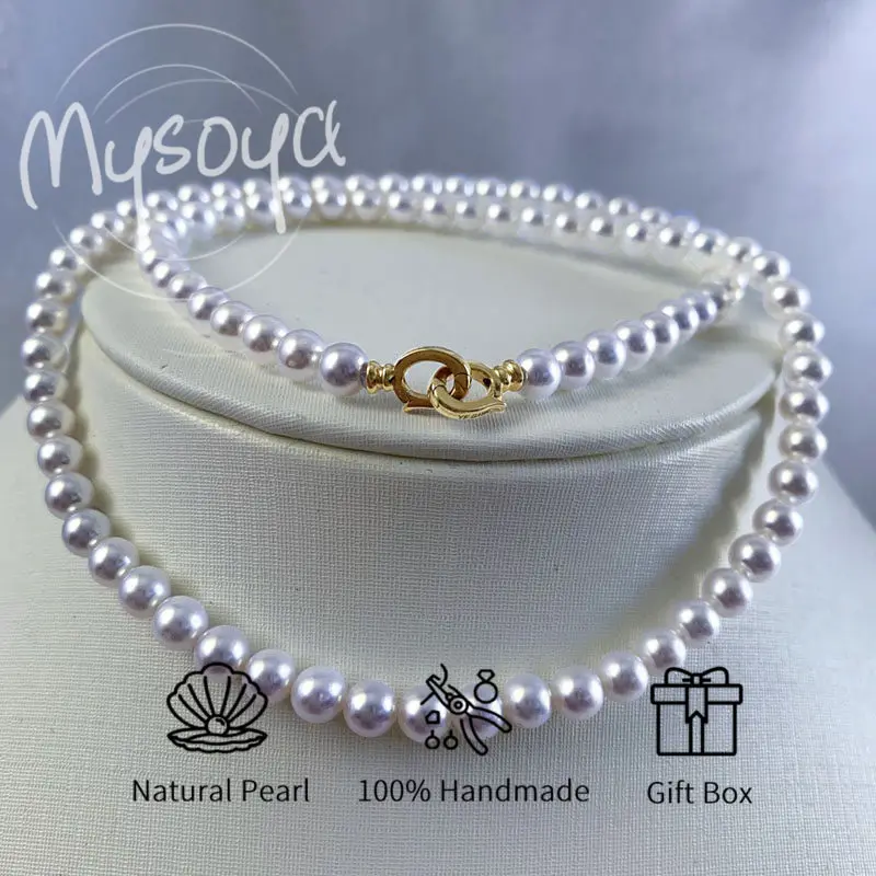 

MYSOYA Японское жемчужное ожерелье Akoya с морской водой 5,5-6 мм, золотая серебристая пряжка S925 с подарочной коробкой для нее, для дня рождения, свадьбы