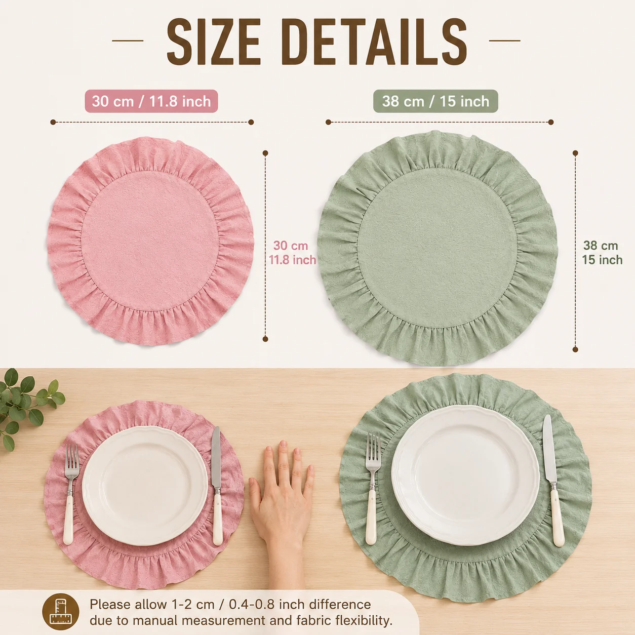 Round Cotton Placemats with Ruffle Edge Washable Table Mats Cloth Napkins for Dining Kitchen Wedding Party Home Decoration Use - view 6