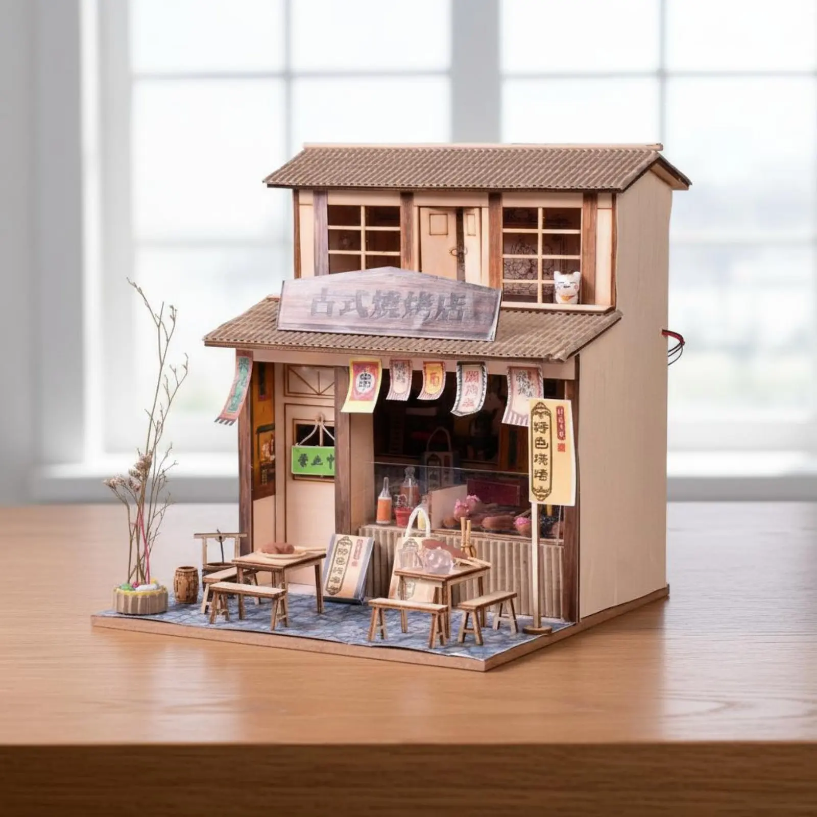 Wooden House Model with Lighted Light Pre-Colored Parts Ancient Chinese Building Model Kit Three-Dimensional Wooden Assembly Kit