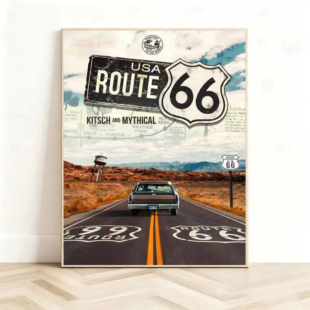 Retro Poster R-Route 66 Poster Poster Classic Self-Adhesive PP Wall Sticker for Living Room Bar Decor Gift