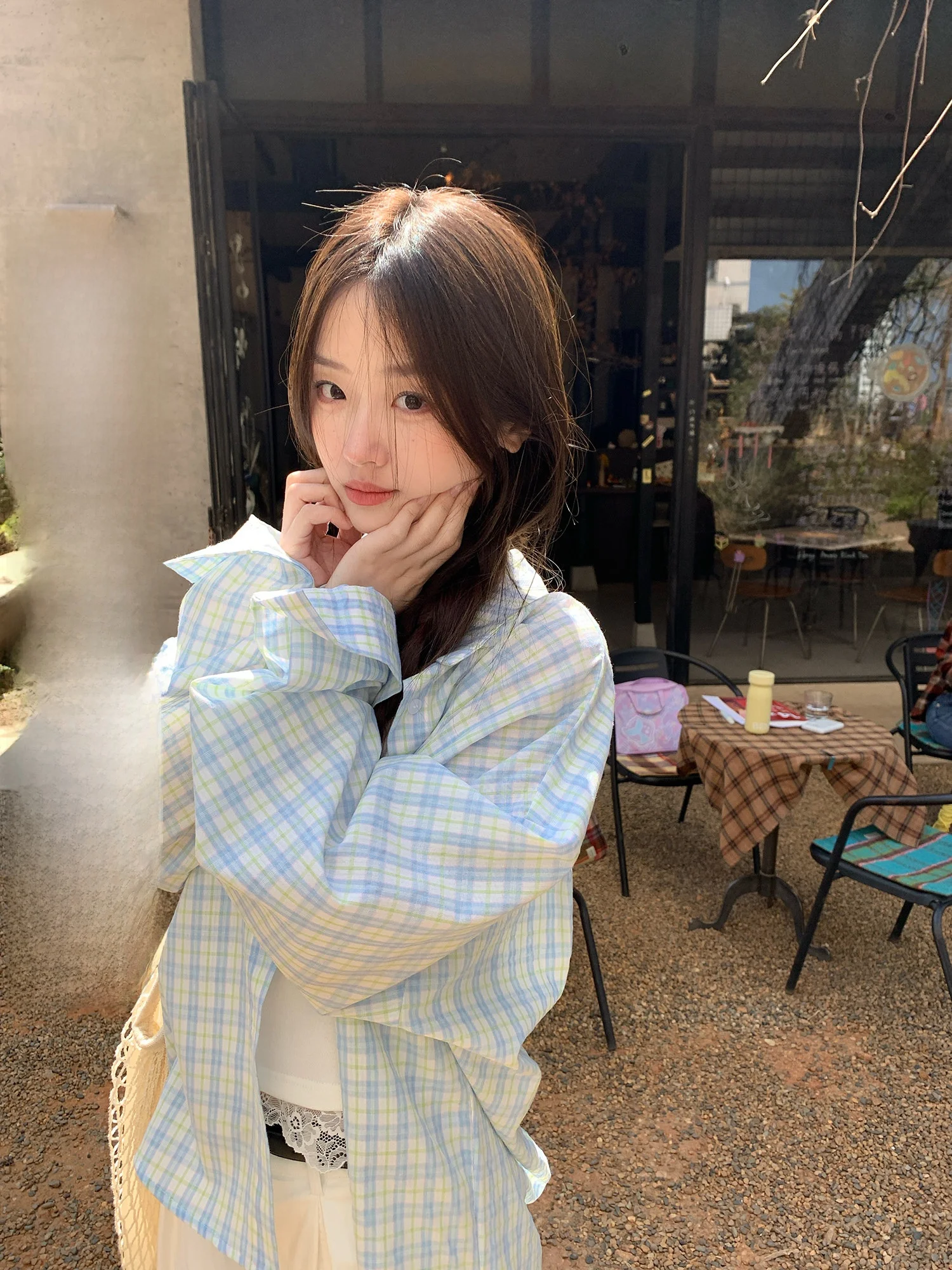 

Рубашка Sinbounboun с клетчатым узором, отложным воротником, длинными рукавами, тонкая, с защитой от солнца, в повседневном стиле, свободного кроя, из хлопка и полиэстера