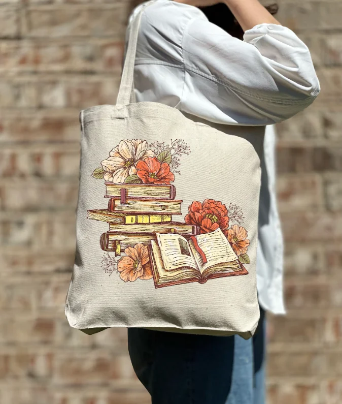 Vintage Book Stack Flower Botanical Canvas Tote Handbag, Book Lover Reading Gift Reusable Handbag for Student Women Girls White