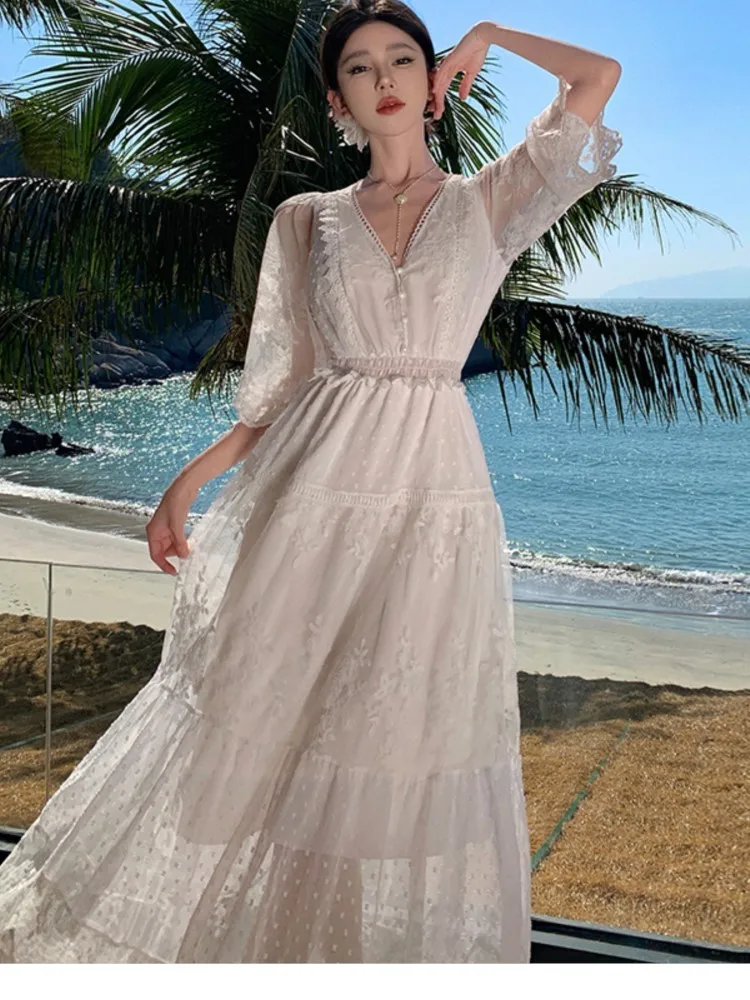 

White Lace Flora Embroidery Women Dresses Bodycon Summer Vacation V-neck Vintage Women's Clothing Elegant Maxi Vestido Lady New