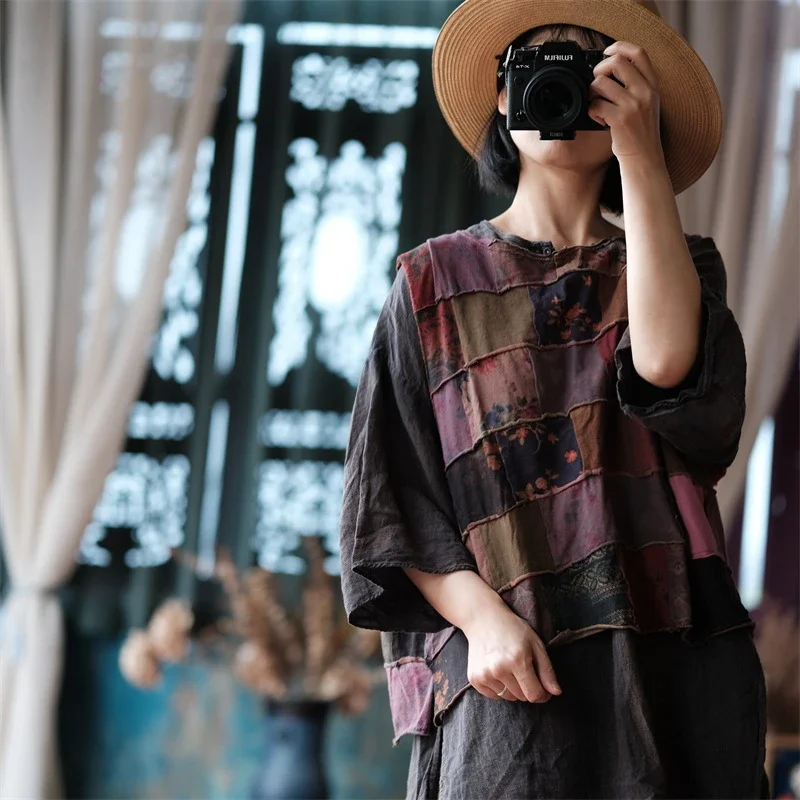 

Новинка 2024, летние винтажные стильные женские топы без рукавов с круглым вырезом в стиле пэчворк и цветочным принтом, футболки M512, женские повседневные топы на бретелях из 100% хлопка