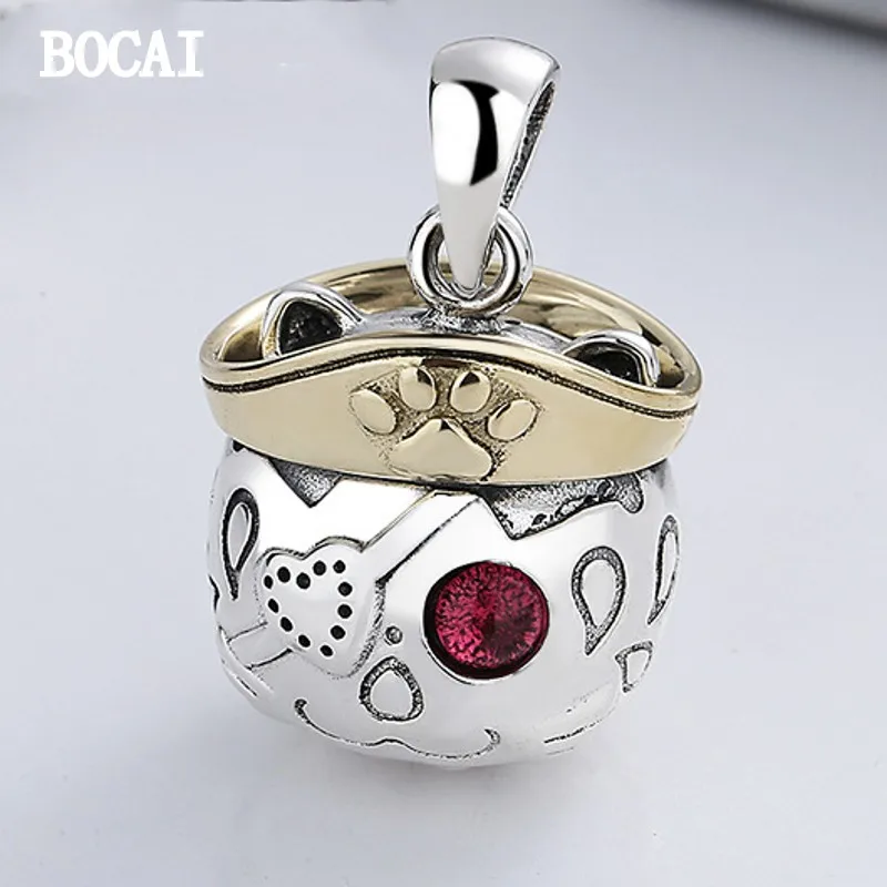 

BOCAI NEW S925 Sterling Silver Retro Heavy Industry Luxury Pink Zircon One-eyed Pirates Cats Graffiti Pendants.