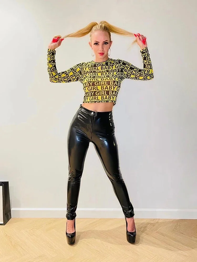 High Waist Shiny Patent Leather Pants Women Faux Latex Bodycon Pentil Pants Stretch Slim PU Trousers Wet Look Clubwear Custom