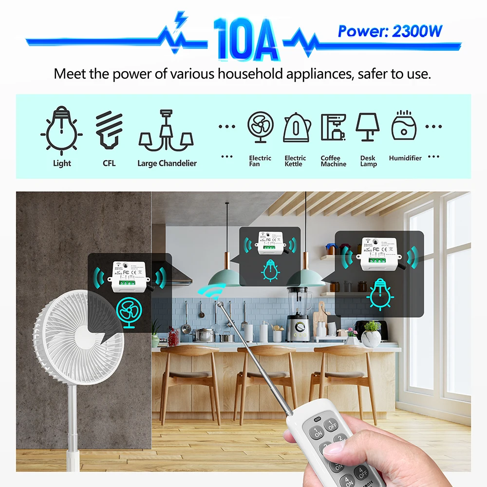 RF Wireless Remote Control Light Switch 433MHz 110V 220V Mini Relay Module,500 Meters 4-in-1 Transmitter,For Led Lamp Fan ON/OFF