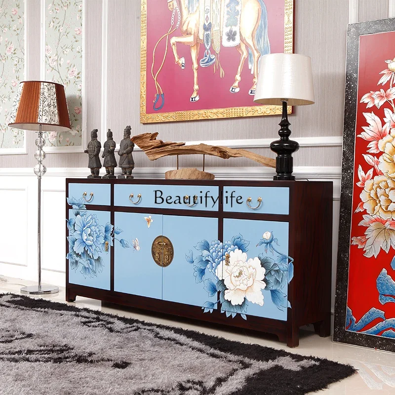 Modern new Chinese side cabinet hand painted peony living room blue decorative cabinet foyer