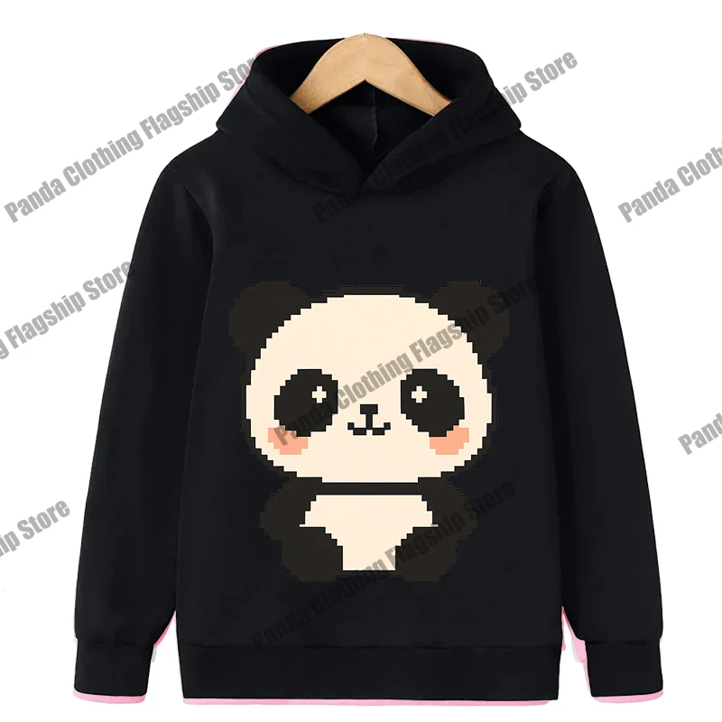 

Panda pixel cat dog tiger print children's hoodie cute elements long-sleeved hoodie, sporty black sweatshirt for boys and girls.