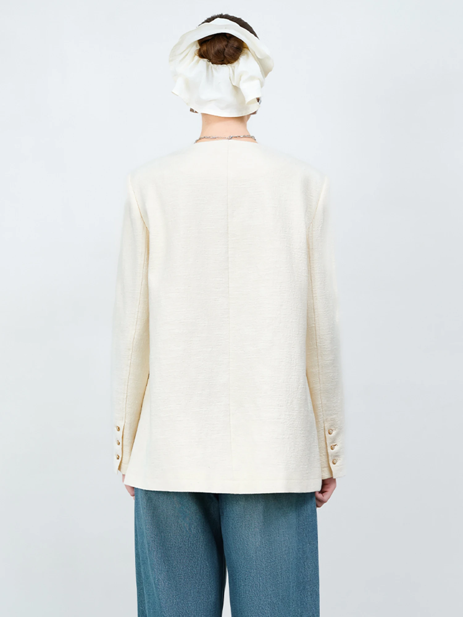 FSLE【Premium Series】Women Spring Beige Jackets Round Neck Handmade Flower Design Office Lady Spring Coats 25FS11326