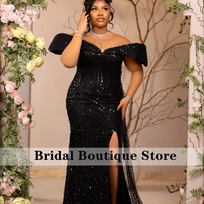 Elegant Sequin Prom Dresses 2025 Off Shoulder Side Slit Mermaid Evening Party Gown Customized Sleeveless vestidos largos fiesta