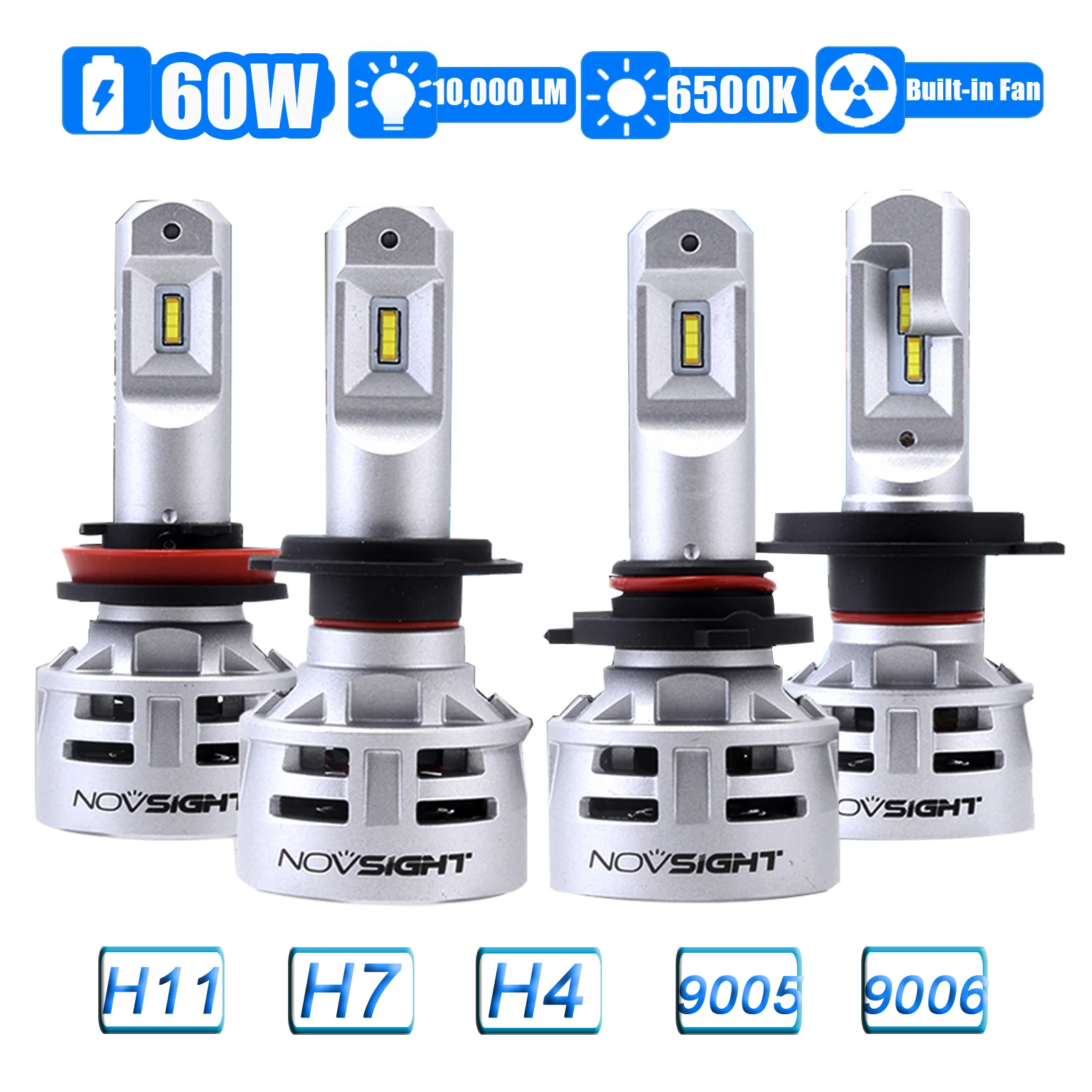 

NOVSIGHT H4 H7 H11 9005 9006 LED Car Headlights Bulbs 60W 10000LM 12V 6500K Automobile Headlamp Fog Lights With Driver With Fan