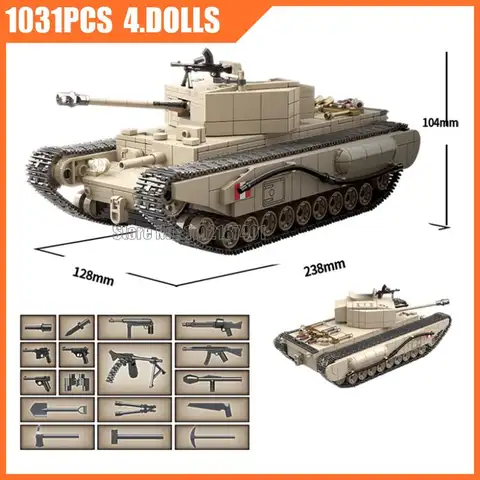 1031pcs Military Ww2 Army British Churchill Mk.i Tank World War Ii Weapon Boy 4 Solders Building Blocks Toy Brick