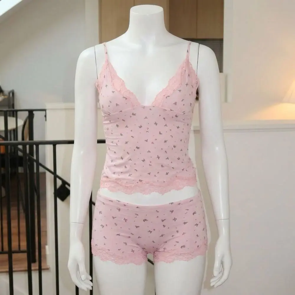 Two-piece Fashion Sexy Pajamas Set Pink Floral Lace Women Sleepwear Sleeveless Western Style Camisoles Tight Shorts Four Seasons image 5
