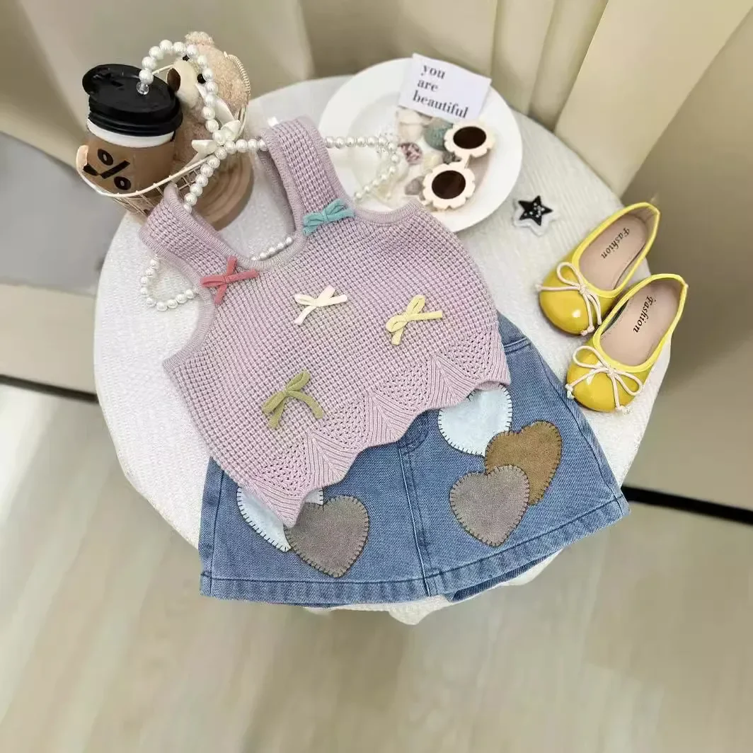 

Children's Clothing Sets Knitted Bow Vest with A Love Heart Denim Dress Girls Clothes Set 7 To 8 Years Kids Boutique Clothes