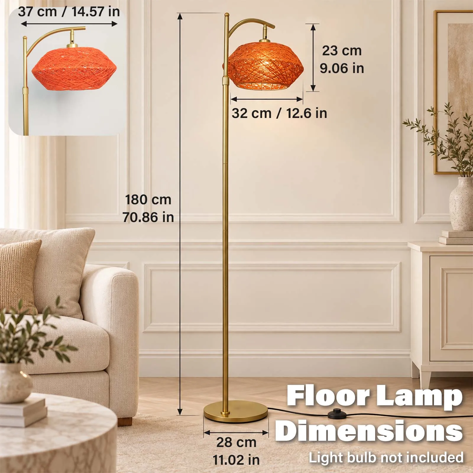 Rattan Floor Lamp, Gold Pole, Vibrant Orange Diamond Woven Shade, Boho Lounge Decor