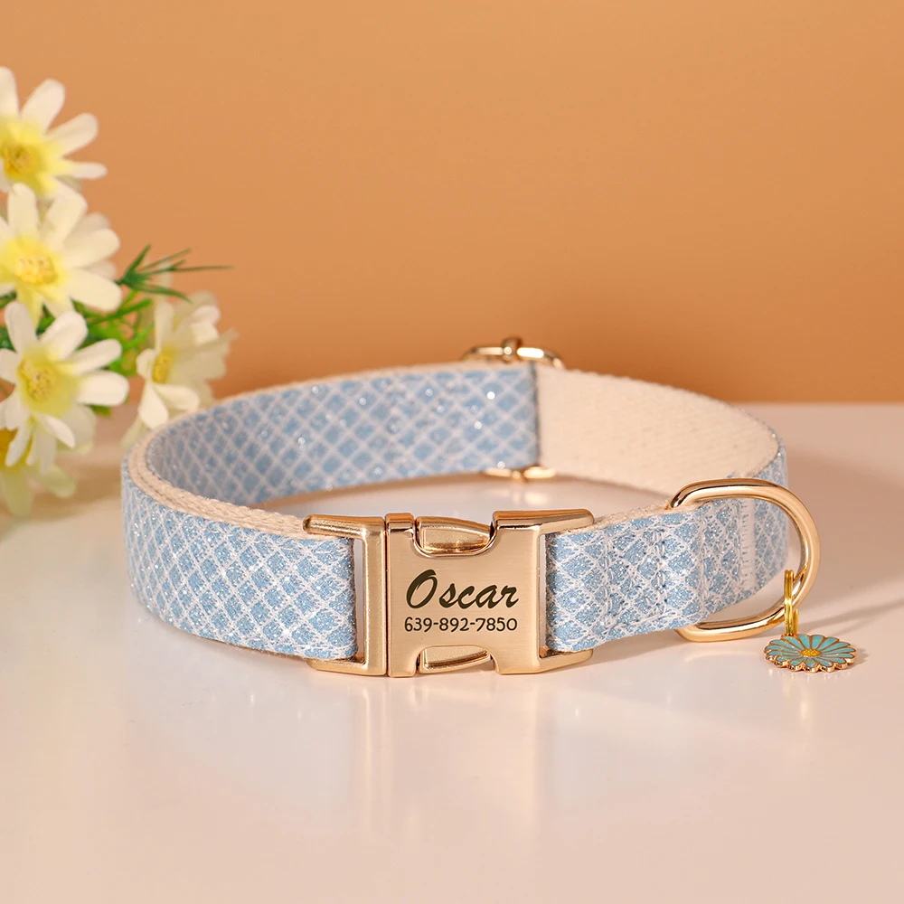 Benutzerdefiniertes Hundehalsband aus glitzerndem Nylon mit Blumenanhänger, kostenlose Gravur, Haustiername, Schnallenhalskette für kleine, mittelgroße und große Hunde – Detail 14