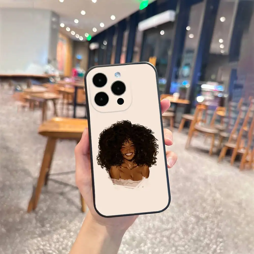 Schwarzes Mädchen A-afro Cartoon Handyhülle für iPhone 17,16,15,14,13,12 Plus, Max Weiche Silikon-Schutzhülle in Schwarz