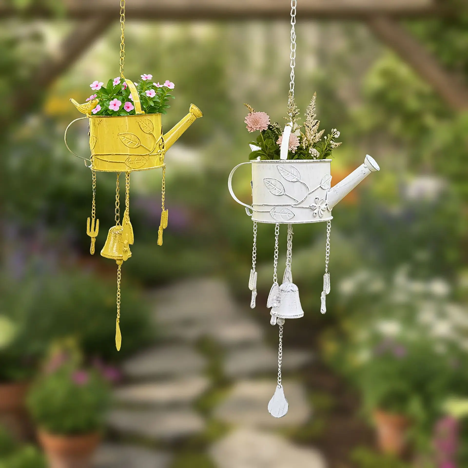 Iron art vintage distressed antique green watering can birdhouse wind chime garden hanging decoration outdoor miscellaneous orna