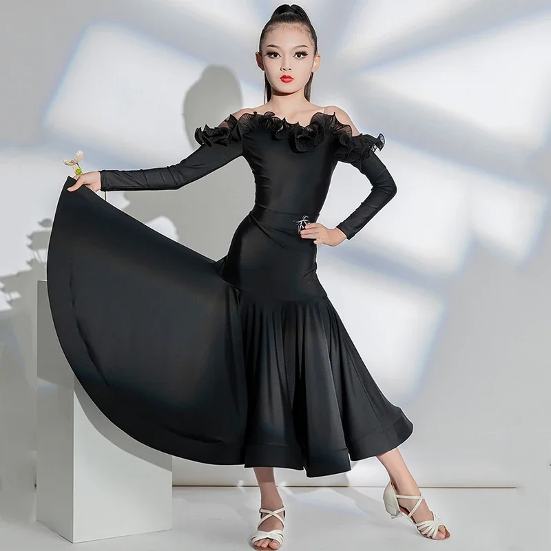 

Черная современная танцевальная одежда для детей и девочек, профессиональные костюмы для соревнований, боди с длинными рукавами, большие юбки, бальные фигурные коньки