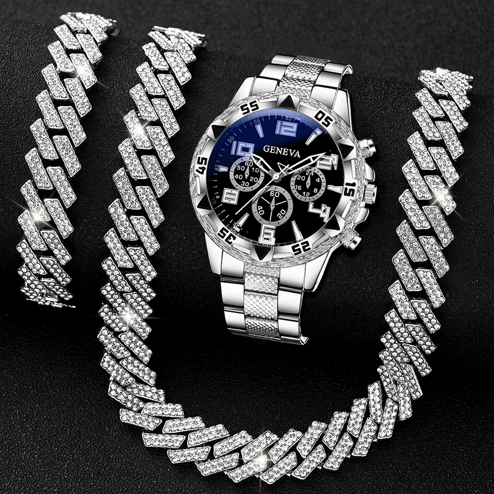 Hip Hop Iced Rhinestone Geneva Multi-function Watch Matching Full Crystal Cuban Link Necklace Bracelet For Men Party Daily Outfi