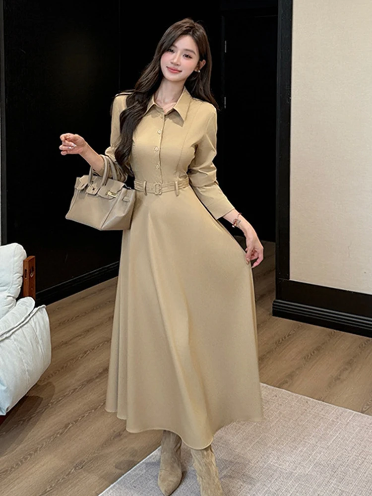 여성 패션 우아한 롱 셔츠 드레스 캐주얼 폴로 칼라 벨트 스윙 맥시 로브 여성 스트리트웨어 작업복 오피스 레이디 신상