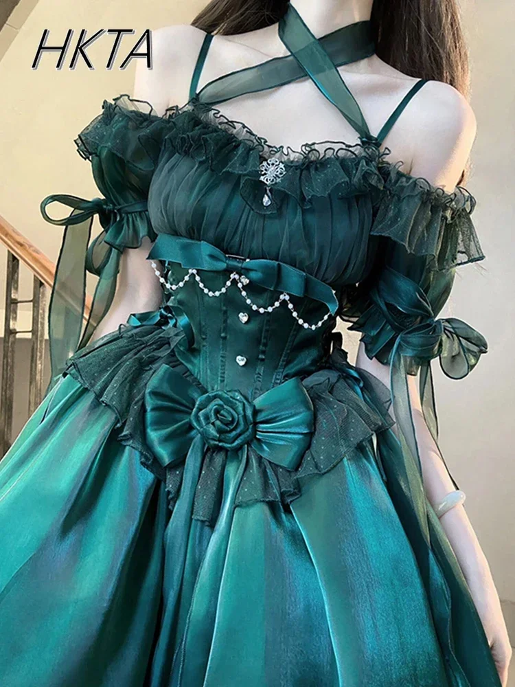 Elegant Emerald Lolita Dresses Sweet Bow Beads Ruffle Big Swing Flower Wedding Princess Dress Beautiful Luxury Party Long Dress