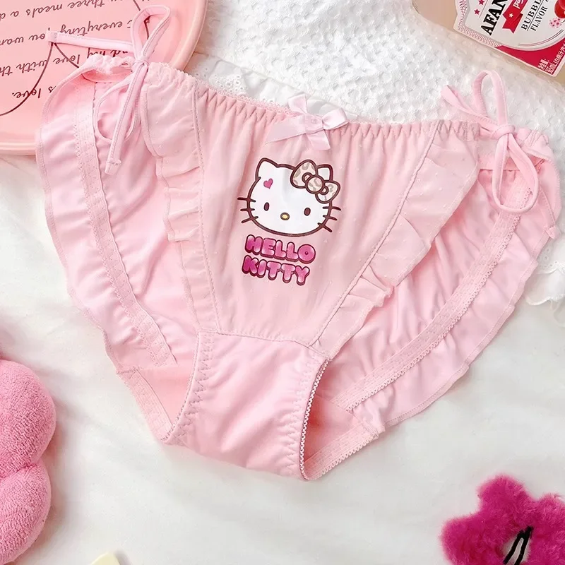 Hello Kitty กางเกงในเด็กผู้หญิงน่ารักสำหรับผู้หญิงมีโบว์ด้านข้างแบบปรับสายได้ลายการ์ตูนน่ารักอะนิเมะกางเกงชั้นในสีชมพูสีฟ้า