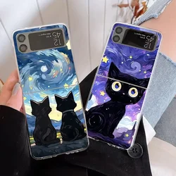 Artistic Black Cat Starry Clear Phone Cases for Samsung Galaxy Z Flip 5 ZFlip 6 Transaprent Cover for Samsung ZFlip 4 3 7 Fundas