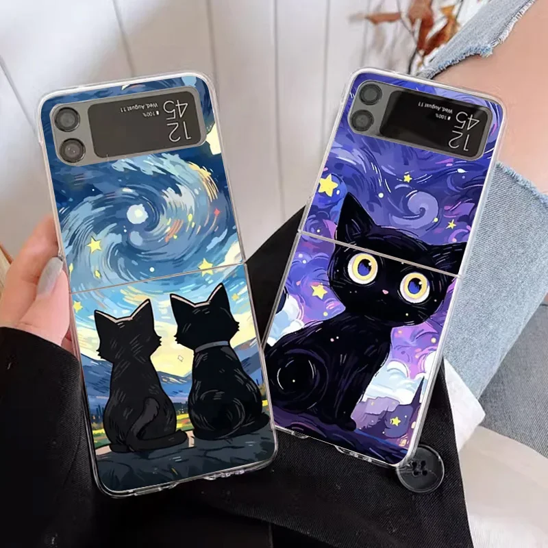 Artistic Black Cat Starry Clear Phone Cases for Samsung Galaxy Z Flip 5 ZFlip 6 Transaprent Cover for Samsung ZFlip 4 3 Fundas