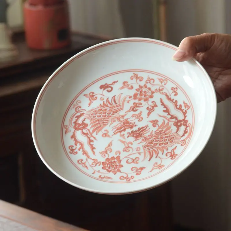 Jingdezhen Antique Ming Style Hand-painted Blue And White Red Ceramic Underglazed Lotus Rising Fruit Dish Decoration Plate