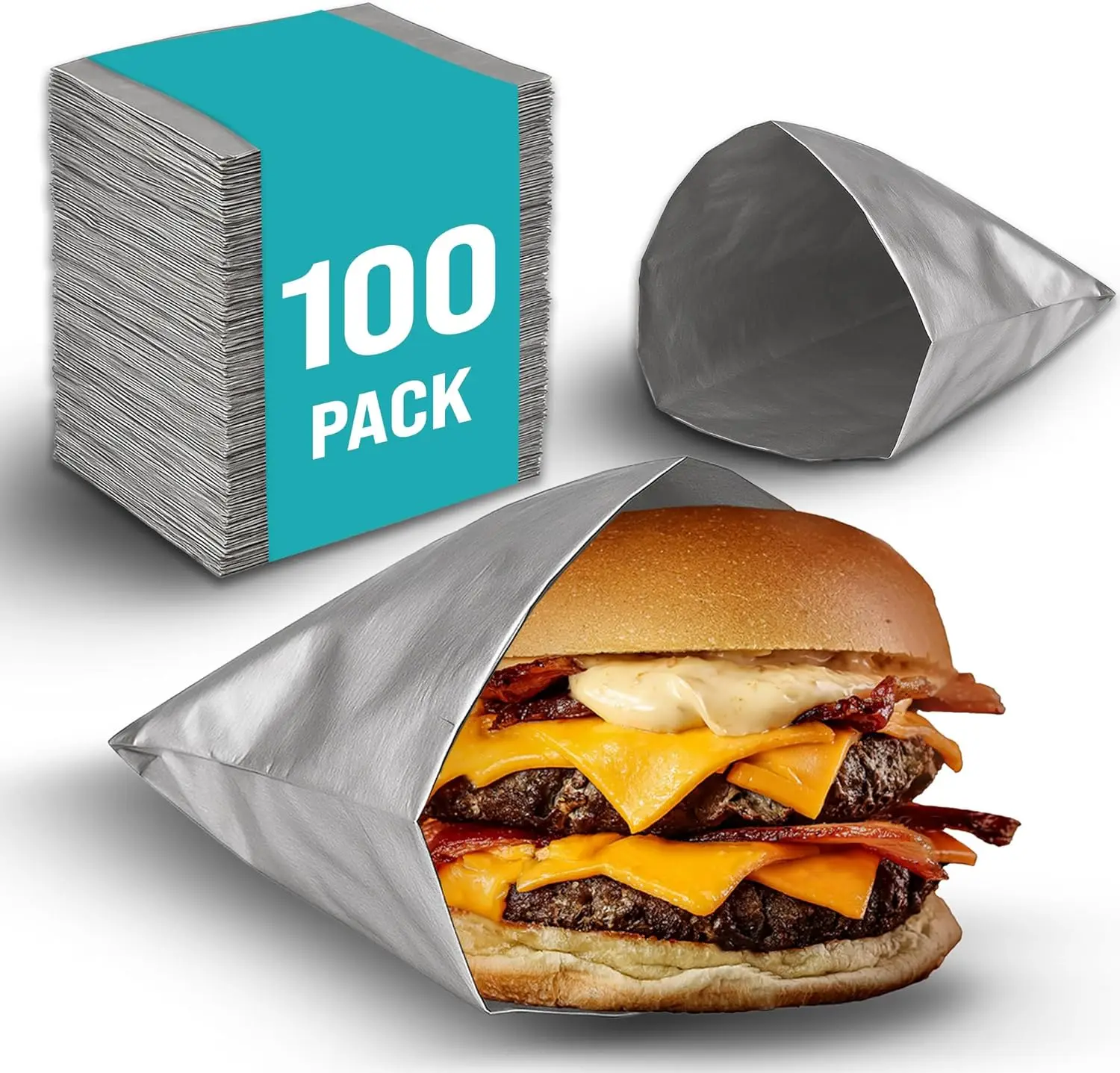 

100 Pack Aluminum Foil Hamburger Bags – Grease-Resistant Burger Wrappers for Hot Sandwiches, Paninis, BBQ