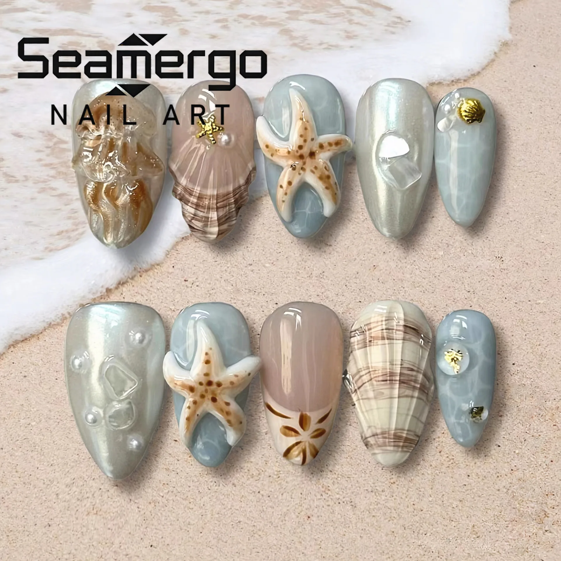 24 Uñas Postizas con Temática Oceánica, Estrellas de Mar y Medusas en 3D, con Decoración de Perlas Doradas, Puntas de Uñas Acrílicas de Almendra Dulce