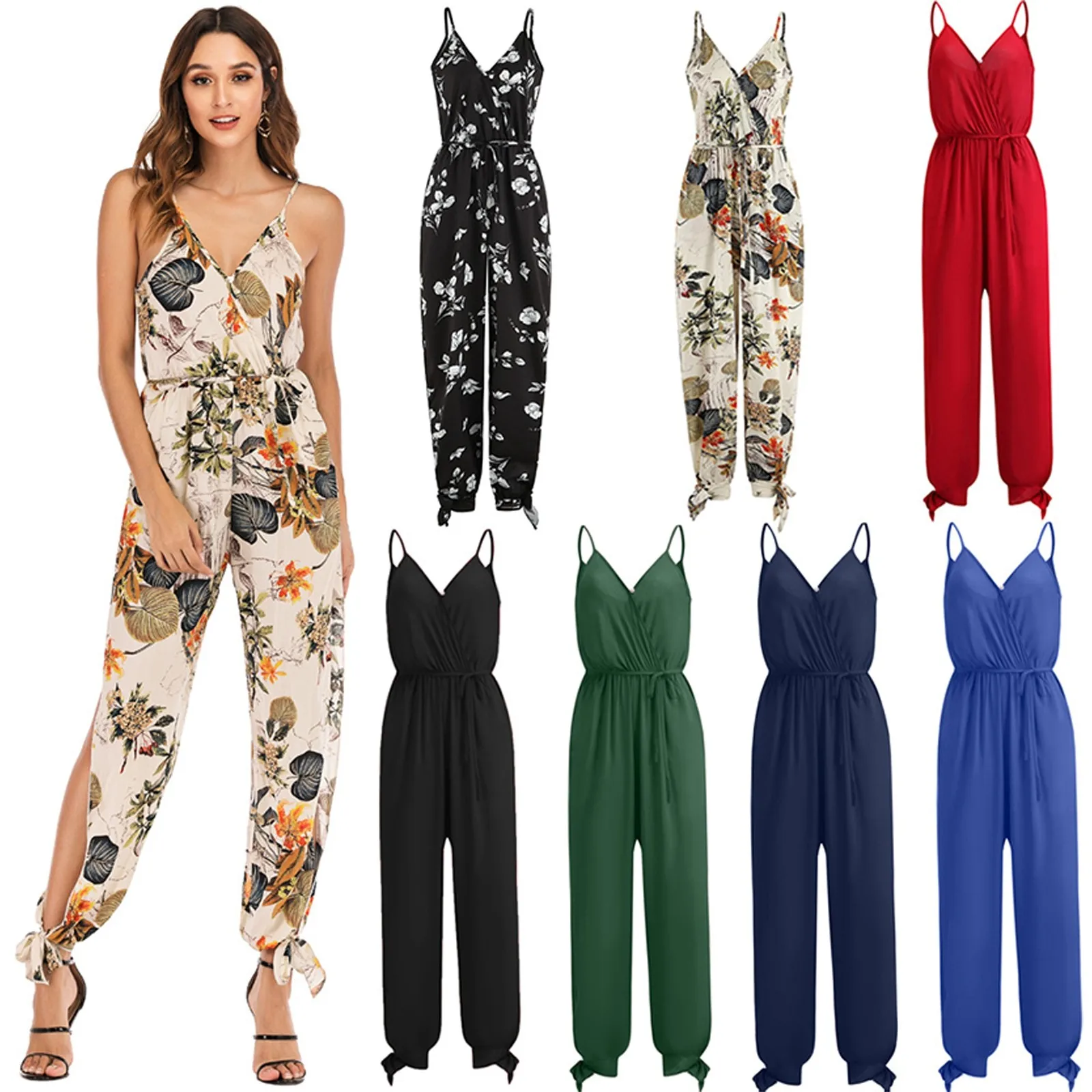 

Women Jumpsuits Summer Casual Sleeveless Jumpsuits Backless Ladies Romper Boho Loose Deep V Spaghetti Strap Overalls For Women