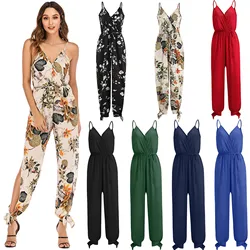 Women Jumpsuits Summer Casual Sleeveless Jumpsuits Backless Ladies Romper Boho Loose Deep V Spaghetti Strap Overalls For Women