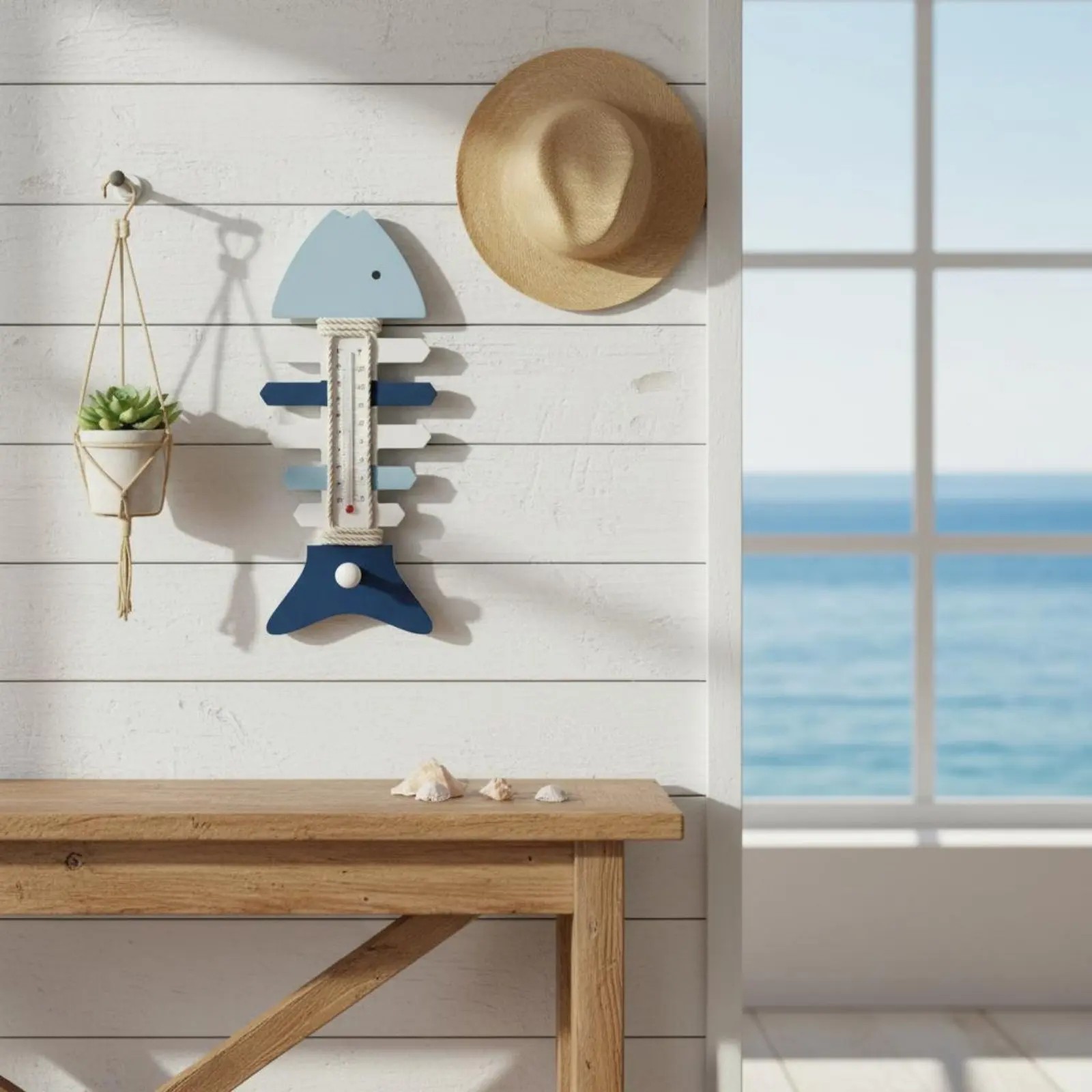 

Wooden Aquatic Skeleton Thermometer Vintage Look Mediterranean Design Wall Hanging Coastal Wall Decor Handmade