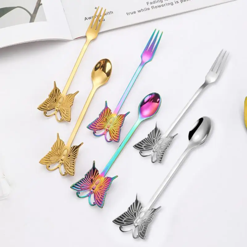 Stainless Steel Coffee Spoon Butterfly Hanging Cup Dessert Spoon Cake Fruit Fork Spoon Stirring Kitchen Decorative Tableware