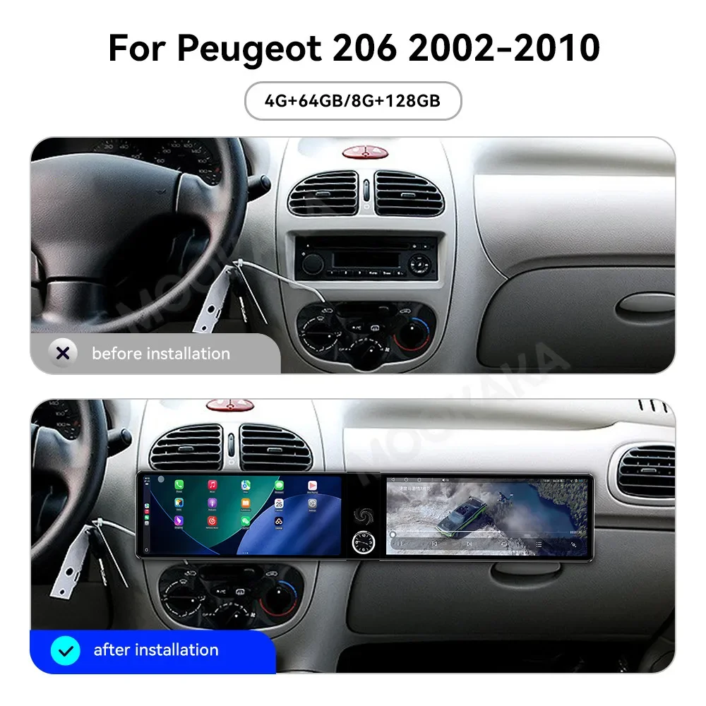 24.6 Inch Dual Screen Android Car Radio for Peugeot 206 2002-2010 Wireless CarPlay GPS Navigation Multimedia Stereo Head Unit