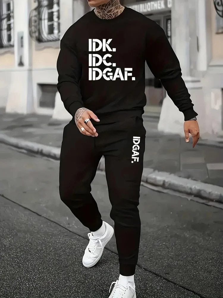 Autumn Men's Relaxed Fit Long Sleeve Pants Suit 3D Trendy Letter Print Crew Neck Top & Casual Sweatpants Two-Piece Set