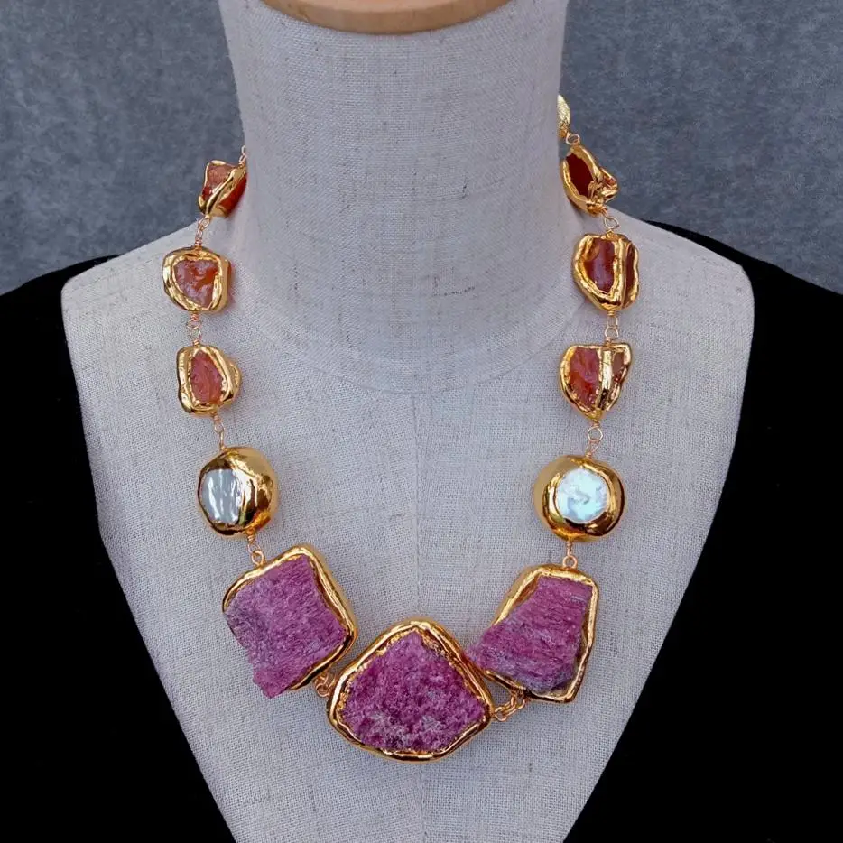 

KKGEM Natural 30x35mm Rough Red Ruby 14x19m Rough Carnelian Cultured White Pearl Statement Necklace