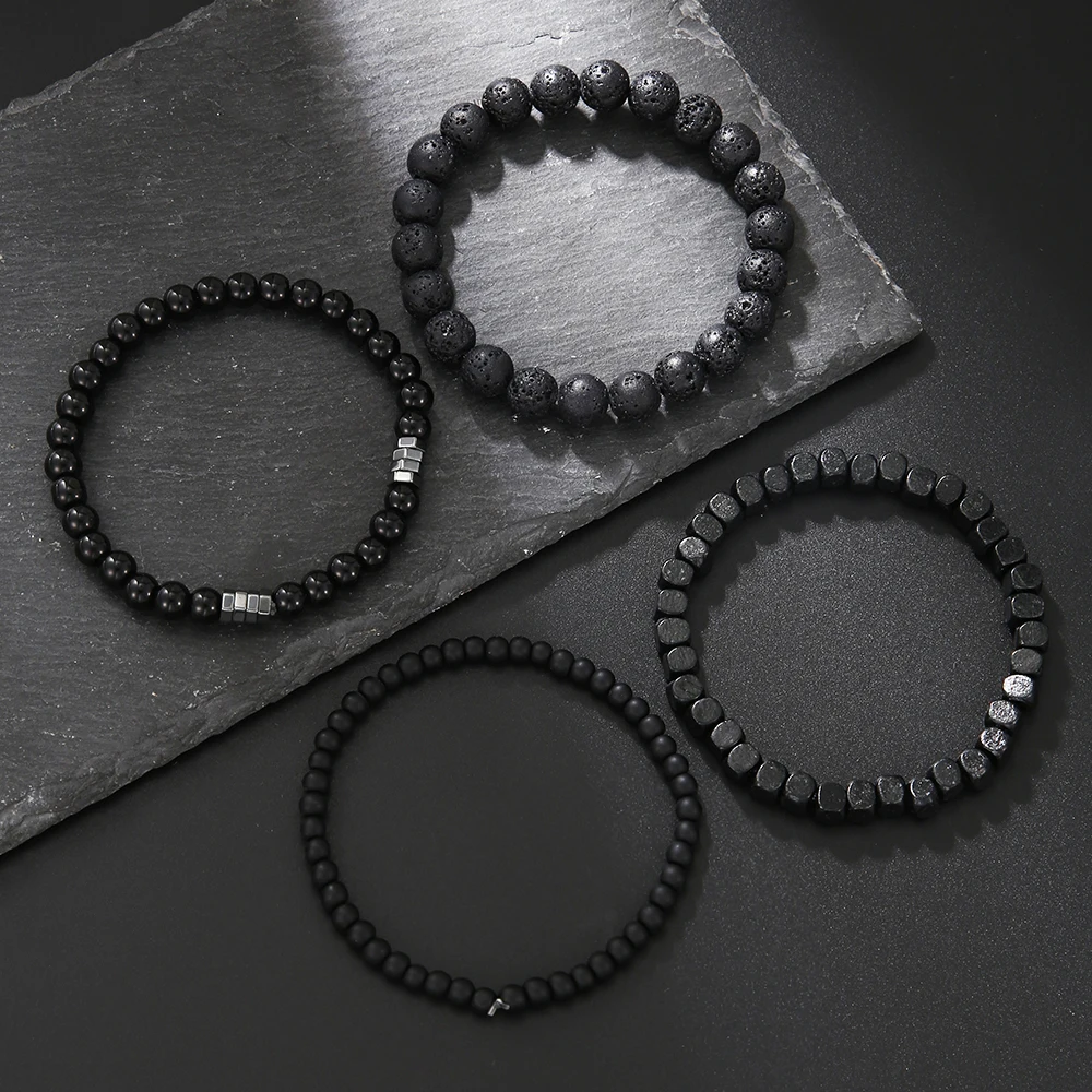 4 Teile/satz Schwarz Gall Stein Vulkanstein Holz Perlen Multi-schicht männer Kombination Elastische Armband Für Paar Freunde schmuck – Detail 2