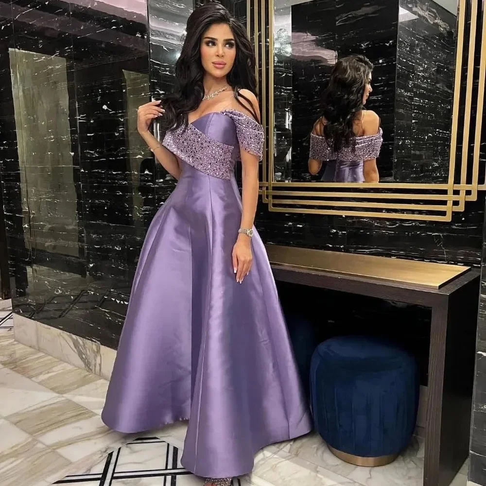

Новое современное фиолетовое вечернее платье с открытыми плечами, плиссировкой, пайетками, без спинки, из атласа, для выпускного вечера, торжественных мероприятий, вечеринок, гала-вечеров, Vestidos