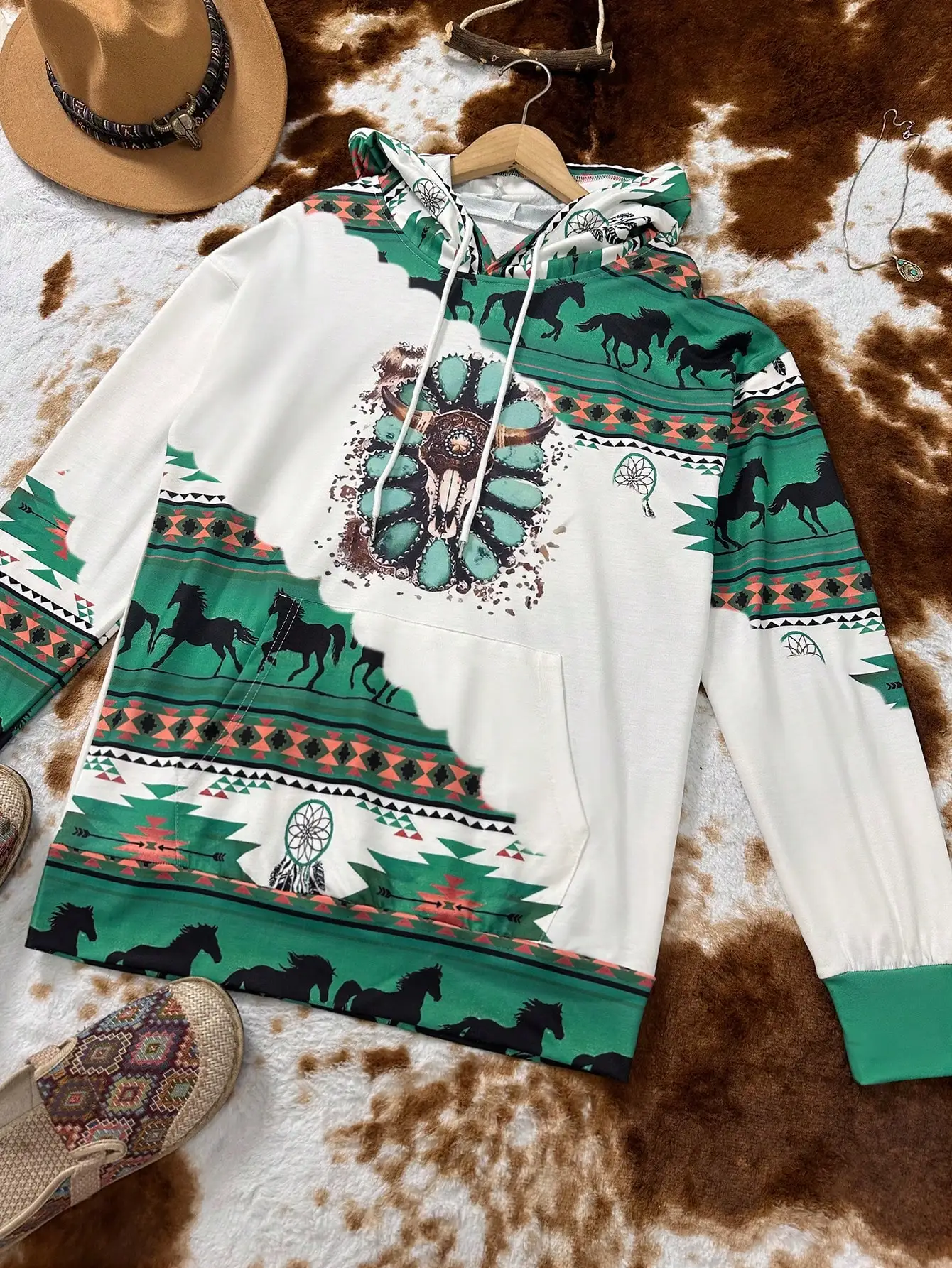 Sweat à capuche imprimé ethnique occidental pour femmes, sweat-shirt décontracté rétro imprimé, vêtements pour femmes