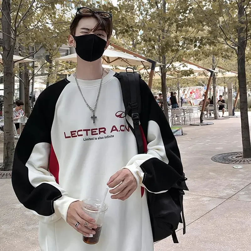 

Autumn Winter Large Size 300 Pou Retro Loose Splicing Color Blo Motorcycle Sle Men's Sweatirt Slimming Outerwear