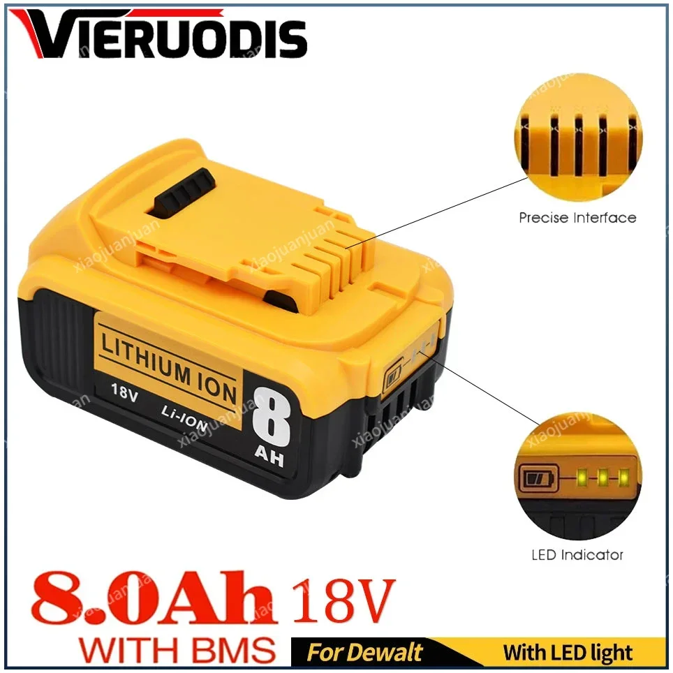 

100% New For DeWalt 18/20V 8000mAh Rechargeable Power Tools Battery with LED Li-ion Replacement DCB205 DCB204-2 DCB206